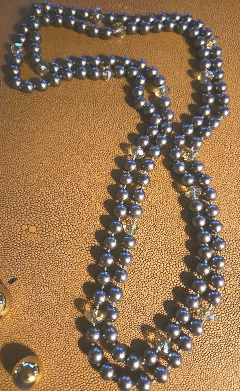 Dark Gray Grey Faux Pearl Glass Beads Faceted Crystal Necklace 54 inches